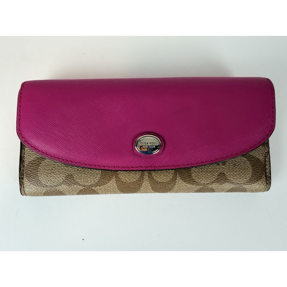 Coach MEDIUM Beige Signature C Canvas & Pink Leather Zip Around Wallet